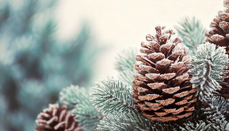Closeup of a natural icy pine cone on a snowy frosty fir tree background outdoors in winterの写真素材