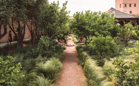 Group of people sat relaxing in a beautiful formal botanical garden with green plants, olive trees in summer, famous destination, Le Jardin Secret, Marrakesh, Morocco, 23 Apr 2024のeditorial素材