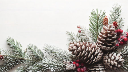 Festive foliage arrangement, pine cones and frosty red berries on evergreen christmas tree spruce fir branches, winter holiday decor on white background, natural seasonal Christmas holiday backdropの写真素材