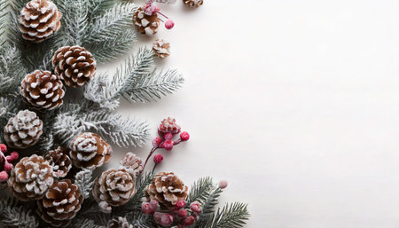 Festive foliage arrangement, pine cones and frosty red berries on evergreen christmas tree spruce fir branches, winter holiday decor on white background, natural seasonal Christmas holiday backdropの写真素材
