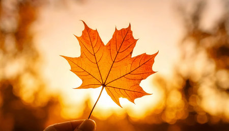 Silhouette of a single backlit autumn maple leaf held against a warm, glowing sunset sky in UK, delicate leaf veins, natural texture, beauty of autumn outdoor evening golden hourの写真素材