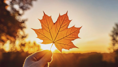 Silhouette of a single backlit autumn maple leaf held against a warm, glowing sunset sky in UK, delicate leaf veins, natural texture, beauty of autumn outdoor evening golden hourの写真素材