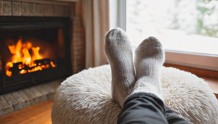 Cozy Adult feet in front of fire in light beige color warm wool knitted socks, resting on a neutral white boucle fabric footstool in lounge living room indoors Autumn or winterの写真素材