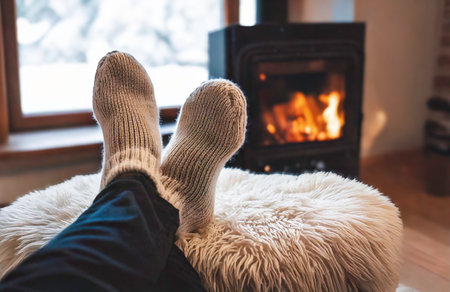 Cozy Adult feet in front of fire in light beige color warm wool knitted socks, resting on a neutral white boucle fabric footstool in lounge living room indoors Autumn or winterの写真素材