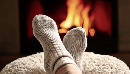 Cozy Adult feet in front of fire in light beige color warm wool knitted socks, resting on a neutral white boucle fabric footstool in lounge living room indoors Autumn or winterの写真素材