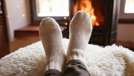 Cozy Adult feet in front of fire in light beige color warm wool knitted socks, resting on a neutral white boucle fabric footstool in lounge living room indoors Autumn or winterの写真素材