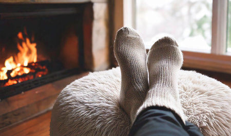 Cozy Adult feet in front of fire in light beige color warm wool knitted socks, resting on a neutral white boucle fabric footstool in lounge living room indoors Autumn or winterの写真素材