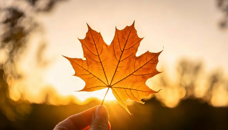 Silhouette of a single backlit autumn maple leaf held against a warm, glowing sunset sky in UK, delicate leaf veins, natural texture, beauty of autumn outdoor evening golden hourの写真素材