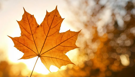 Silhouette of a single backlit autumn maple leaf held against a warm, glowing sunset sky in UK, delicate leaf veins, natural texture, beauty of autumn in a tranquil outdoor evening scene at golden hourの写真素材