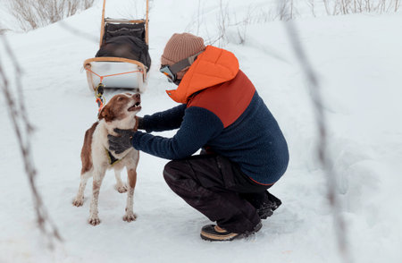 Man petting his husky sled dog in snowy wilderness during winter adventure travel, with sleigh in...