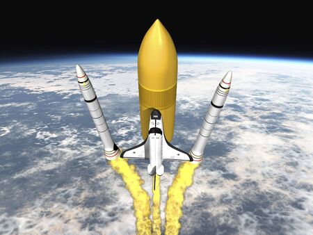 Shuttle leaving earth and seperating 3d render Top view.