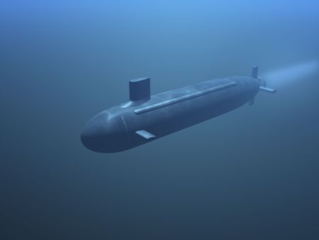3D submarine under water front viewの写真素材