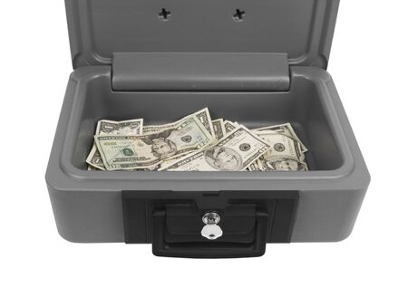Cash box with money on a white background