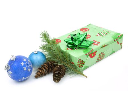 Christmas ornaments and present on white backgroundの写真素材