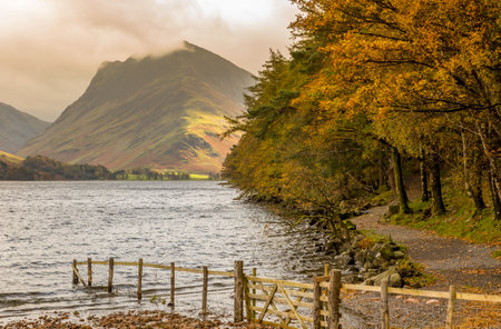 A typical autumn day around Buttermere Lake in the Lake District, Englandの写真素材