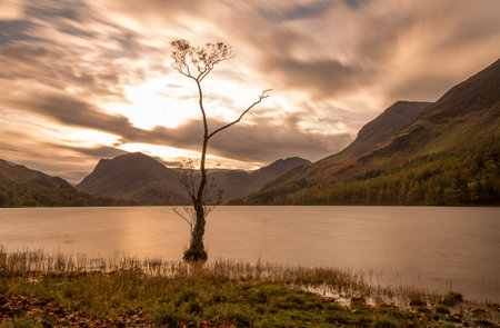 A typical autumn day around Buttermere Lake in the Lake District, Englandの写真素材