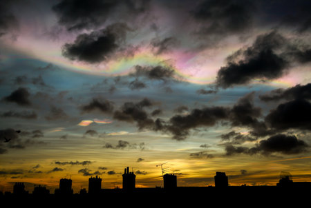 Nacreous clouds - also known as Rainbow clouds or Mother-of-Pearl clouds - are a rare type of cloud which form very high in the atmosphere and glow in vivid colorsの写真素材