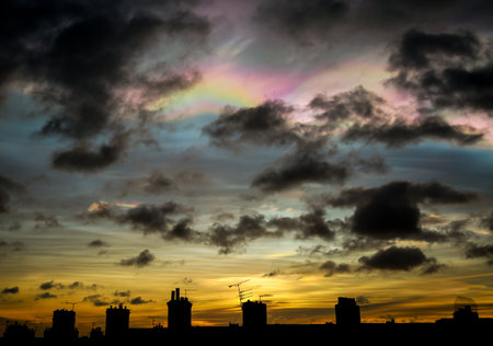 Nacreous clouds - also known as Rainbow clouds or Mother-of-Pearl clouds - are a rare type of cloud which form very high in the atmosphere and glow in vivid colorsの写真素材