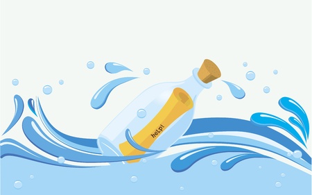 bottle with paper scroll message in it on water, variable text samples  help, contact us, message received, go with the flow   fully editable のイラスト素材