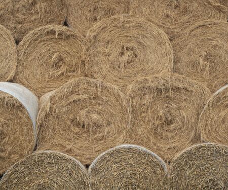 some round hay bales stacked one on anotherの写真素材