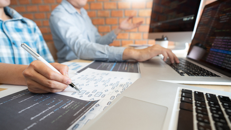Collaborative work Software engineers website developer technologies or programmer working coding on...