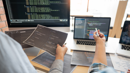 Collaborative work Software engineers website developer technologies or programmer working coding on...