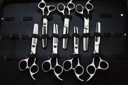 Hair salon concept a collection of scissors made of stainless in different sizes kept in specific...