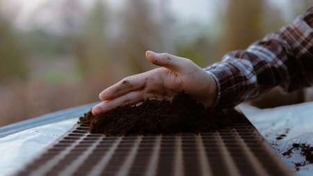 Gardening concept two hand of a gardener inserting rich black soil to nursery trays preparing for growing seedlings.の写真素材