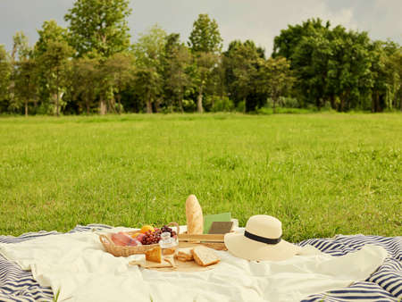 picnic concept There are a lot of things on the white cloth such as bread, fruits, a bottle of water, a hat and a notebook.の写真素材