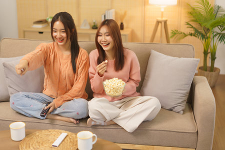 Lifestyle at home concept, LGBT lesbian couple eats popcorn and switch channel while watching movie.の写真素材