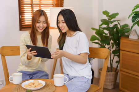 Activity at home concept, LGBT lesbian couple pointing and looking on tablet while working together.の素材