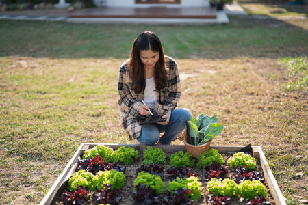Female gardener writing data on tablet while caring and checking growth vegetables in home garden.