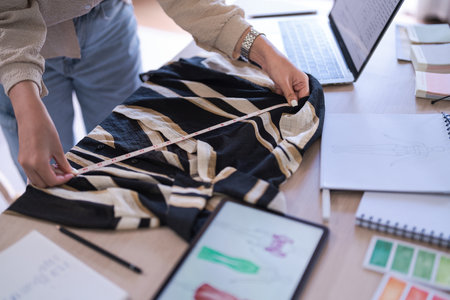 Fashion designer women use measure tape to measuring size and checking details new collection dress.