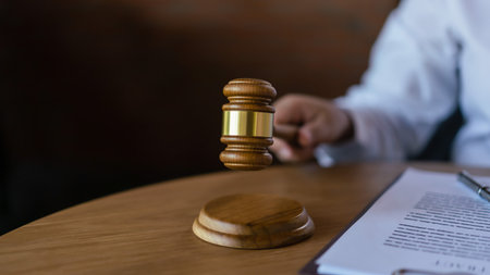 Hands of lawyer woman holding wooden judge gavel while working about contract and legal agreement.