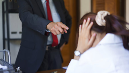 Business analysis concept, Senior business pointing at employee and reprimand when malfunction.