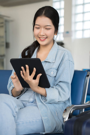 Asian traveler woman use tablet to surfing social media and typing to chat message while sitting on bench in terminal airport waiting to travelling vacation lifestyle by business travel class flight.の写真素材