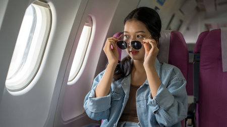 Asian traveler women taking sunglass to looking cloud and sky view through windows cabin flight on plane flight while sitting near window on business travel class in airplane with vacation lifestyle.の写真素材