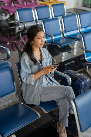Asian traveler woman surfing social media and watching entertainment on smartphone while sitting on...
