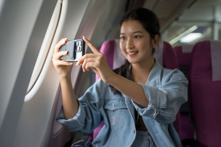 Asian traveler women using smartphone to taking photo of sky view through the windows on cabins flight while sitting near windows on business travel class flight in airplane with vacation lifestyle.の写真素材