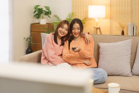 Friendship concept, LGBT lesbian couple switching channel while embrace together to watching movie.の写真素材