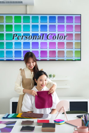 A personal color consultation featuring Asian women of adult age determining the best colors for...