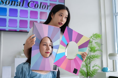 Asian adult women receiving personal color analysis, discovering flattering colors, seasonal palettes. Get a color consultation to find your best tones for fashion and makeup.の写真素材