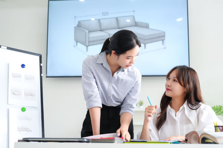 Two young Asian interior designers collaborate on a sofa design project in a bright modern office....