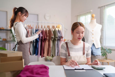 Two young Asian women manage their online fashion store inventory and finances. One woman reviews clothing stock with a tablet. Another handles accounting with a calculator. Small business owner concept.の写真素材