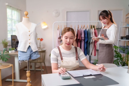 Two adult Asian women managing their online clothing store. One is planning the budget and one is checking the inventory with a tablet. Successful small business concept.の写真素材