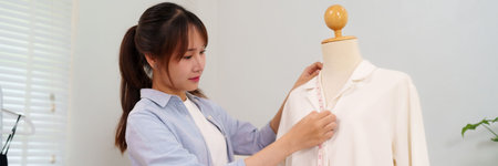 A young adult Asian woman fashion designer is measuring a garment on a mannequin during the tailoring process in her studio for dressmaking project.の写真素材