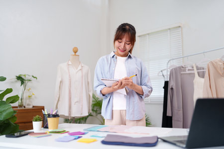 An Asian woman is designing clothes while taking notes in her notebook. She is an adult and runs a clothing business. She is working on her new collection.の写真素材