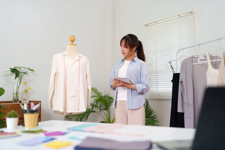 An adult Asian woman is designing clothing in her studio She is creating a new apparel collection and working on a stylish project with mannequin conceptの写真素材