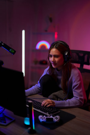 Adult Asian woman gamer uses computer setup in a neon lit gaming room. She wears headphones and...