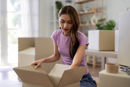 An Asian adult woman packing her belongings into a cardboard box preparing for moving to new...